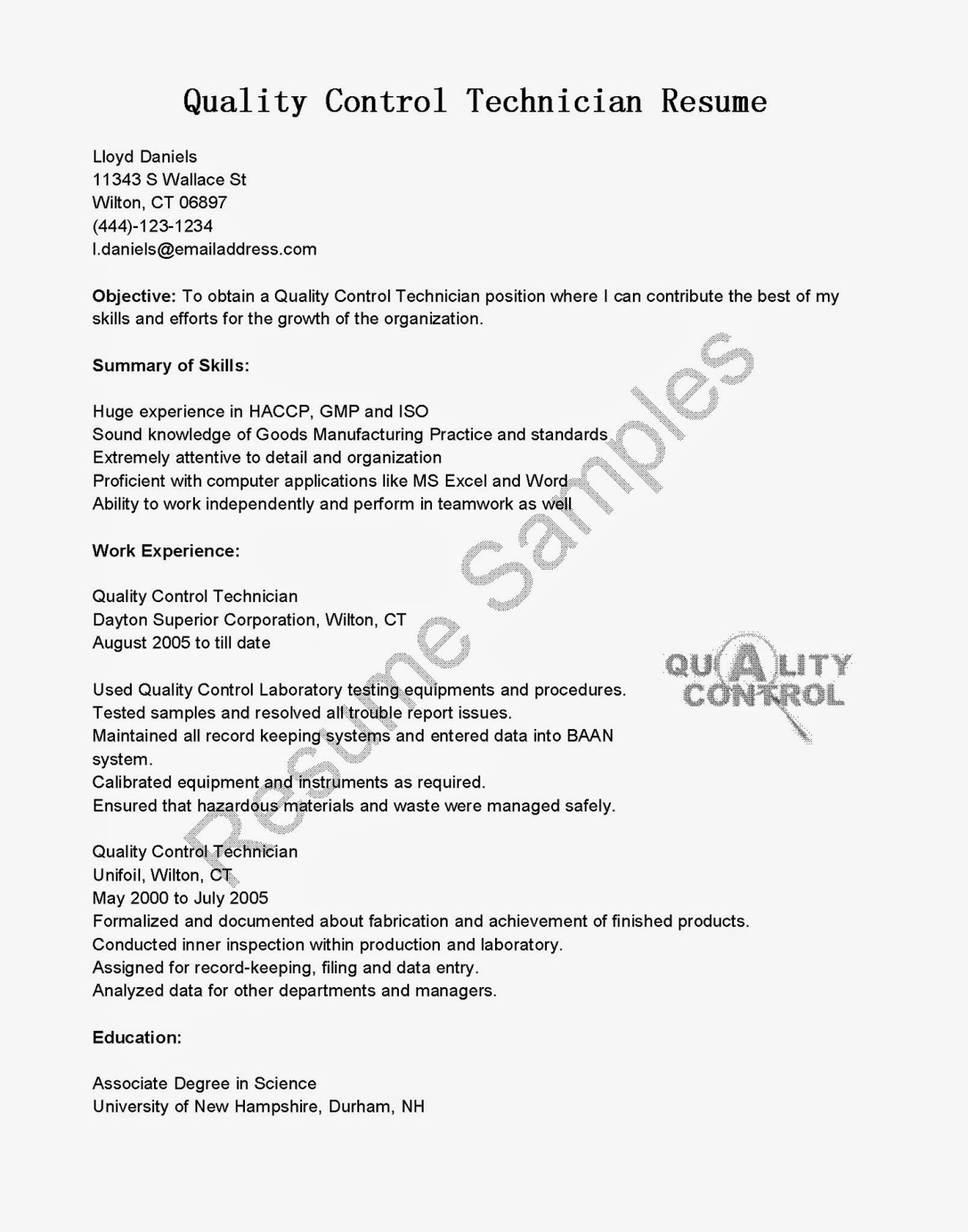 Quality control analyst resume examples